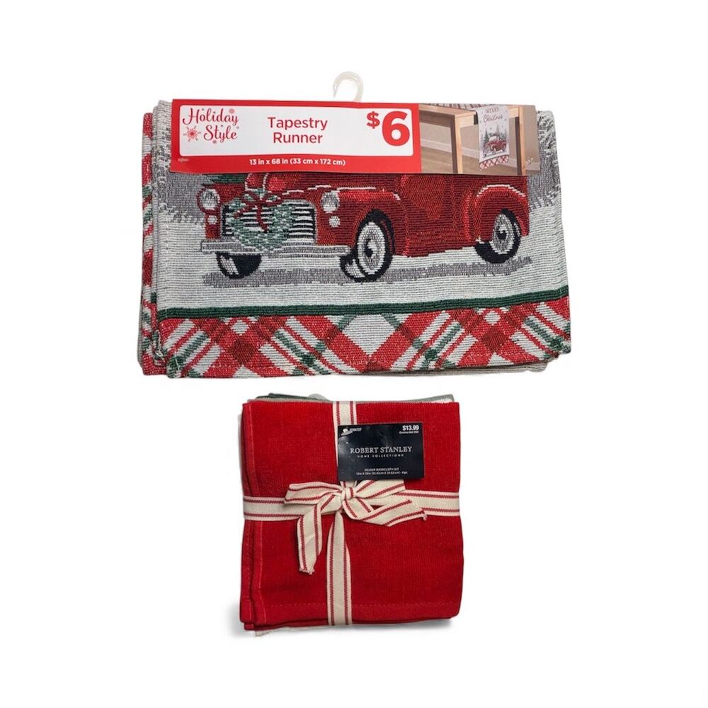 Plaid Christmas Tapestry Table Runner 13x68" & 4 Pc Velour Washcloth Set Bundle